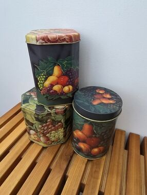 Vintage collectible tins, Set of Three Fun 1980s Tins, Dark Gothic Fruits Flower